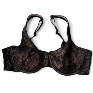 Cacique 40C Black Lace Underwire Bra Nude Lined Balconette Sheer Feminine